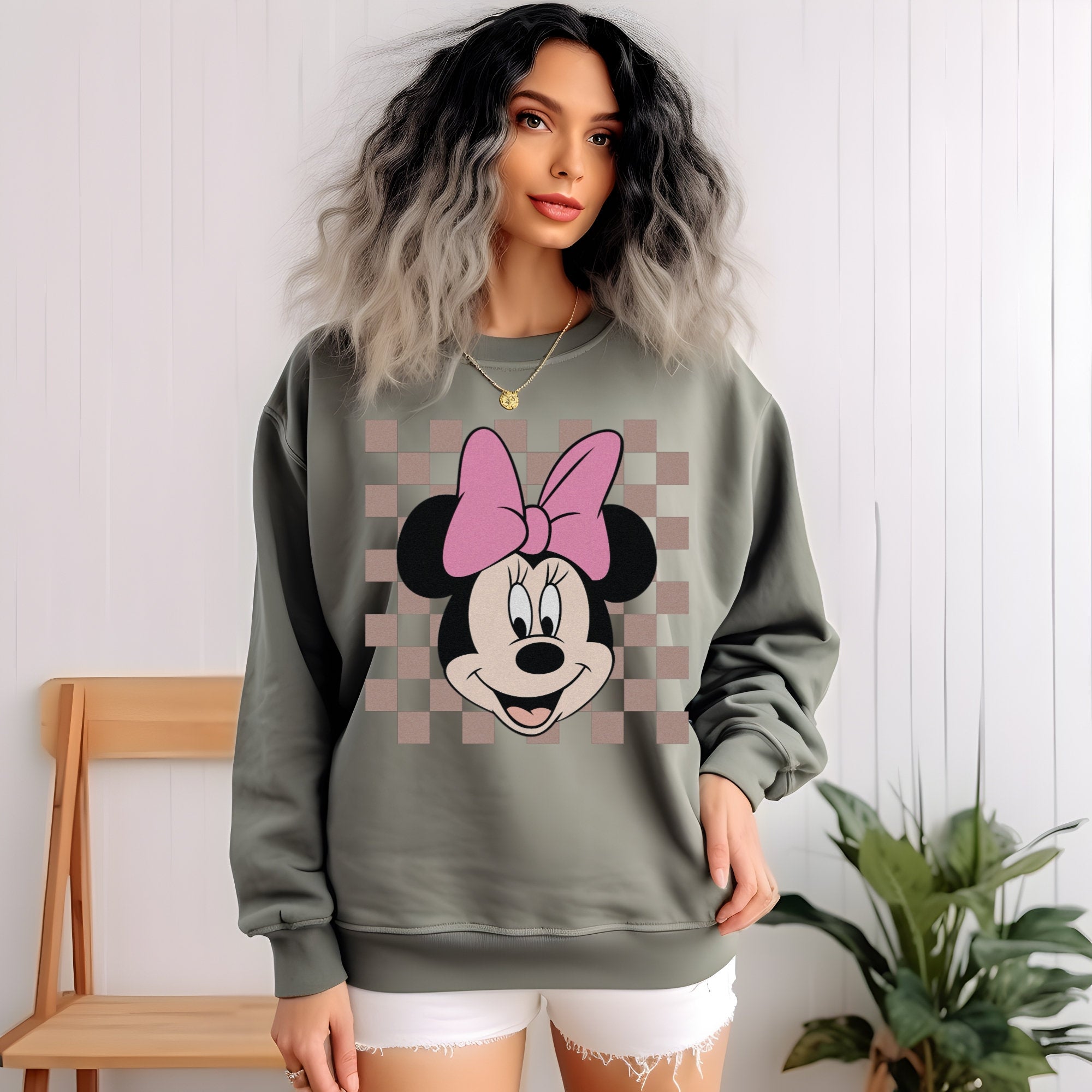 Women's Minnie Mouse Vintage Checker Trendy Design  Unisex Fit Garment-Dyed Sweatshirt In The Color Pepper