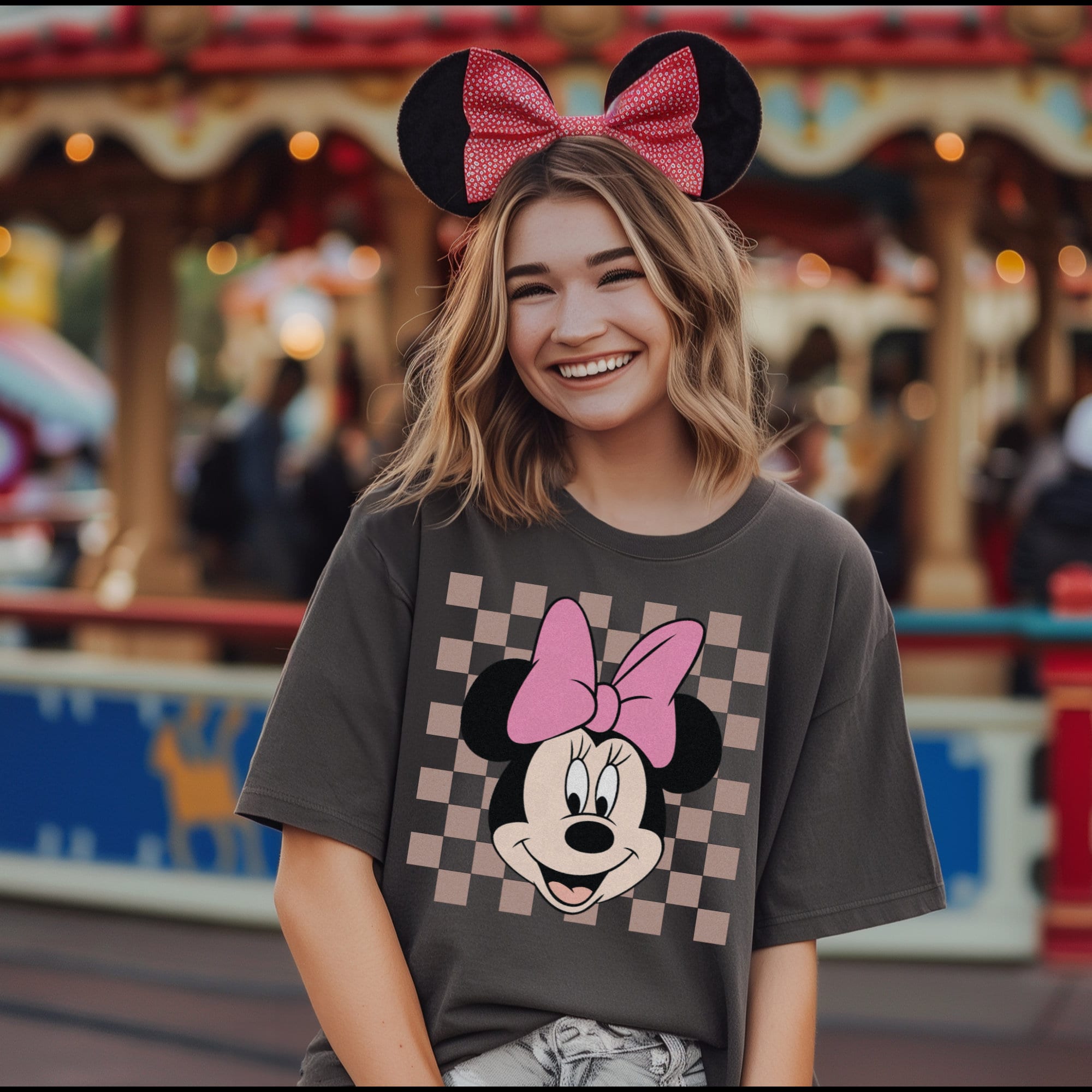 Women's Neutral Minnie Mouse Vintage Checker Trendy Design Unisex Fit Garment-Dyed T-shirt In The Color Pepper