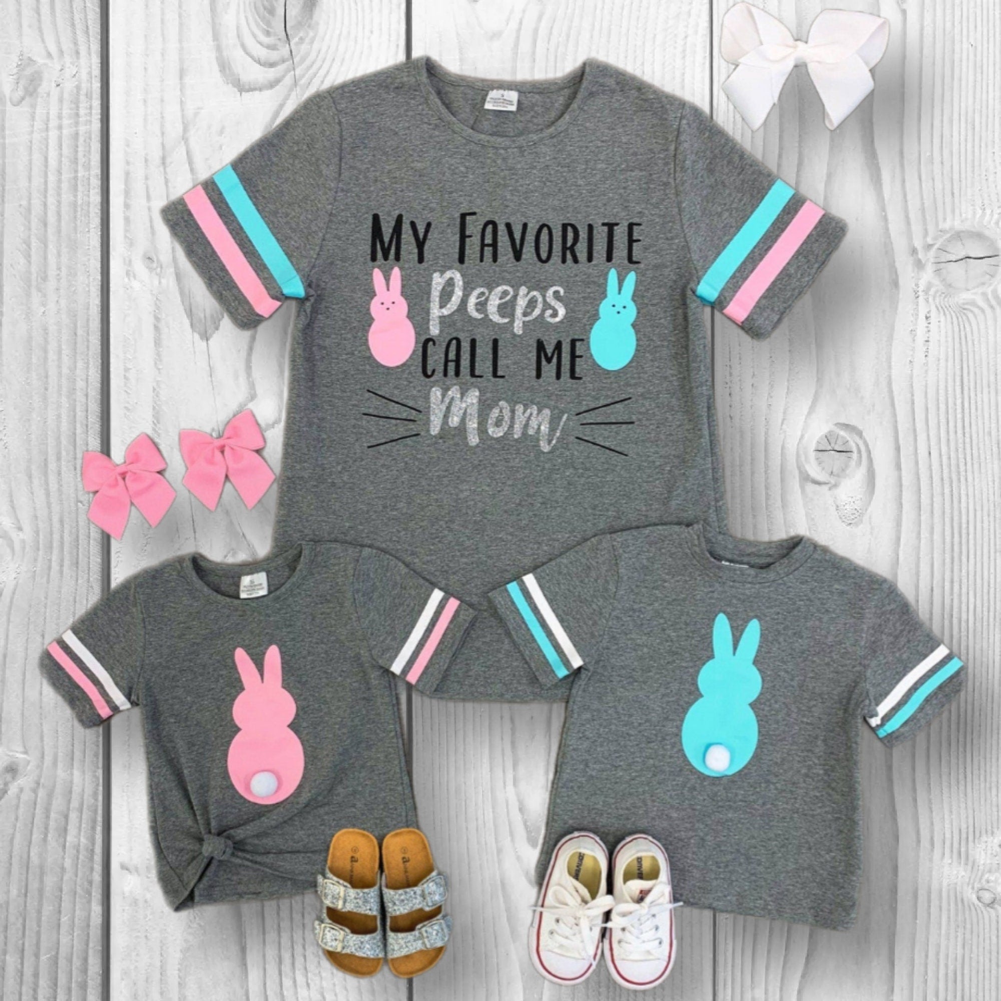 Mommy & Me Easter Peep Shirts, Matching Mom and Mini Tops, Easter Bunny Family Tee, Gray Pink Blue