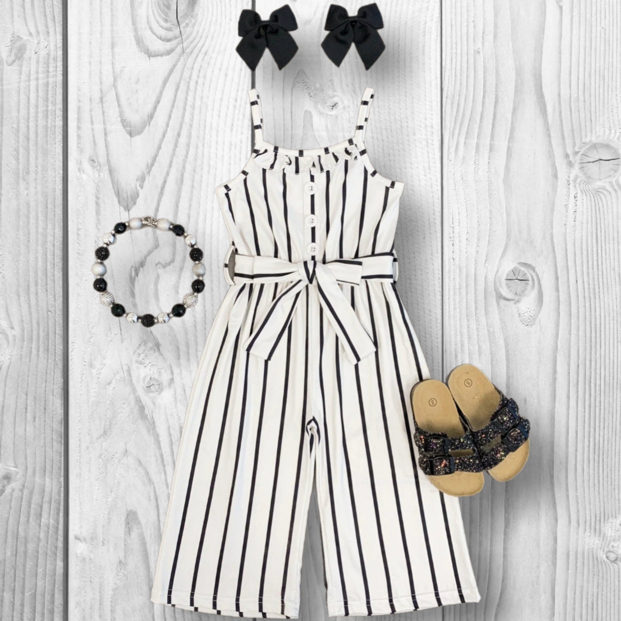 RESTOCKED! Girls/Toddler/Baby Striped Tie Waist Jumpsuit - Black, White Or Orange! Size 6 12 18 Months 2T 3T 4T 5 6 7 8 10 12 14 16 Years