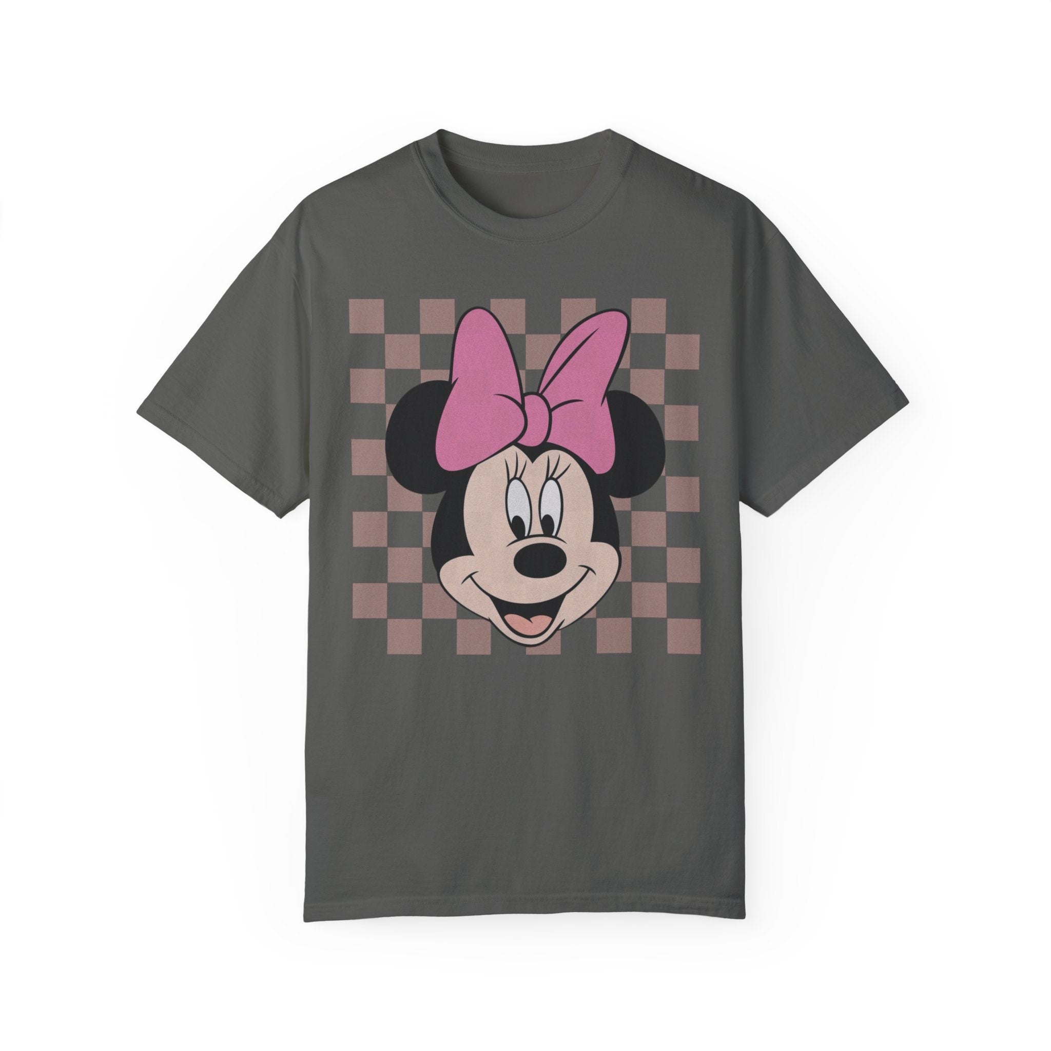 Women's Neutral Minnie Mouse Vintage Checker Trendy Design Unisex Fit Garment-Dyed T-shirt In The Color Pepper