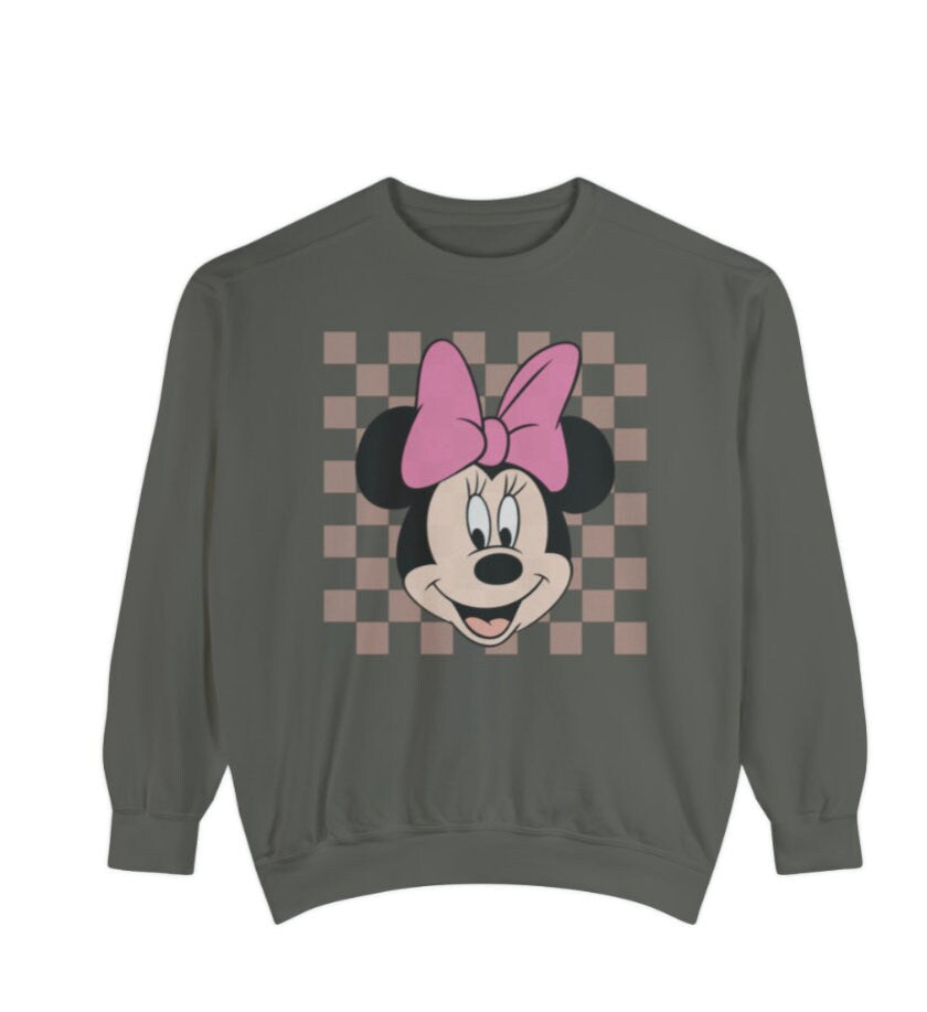 Women's Minnie Mouse Vintage Checker Trendy Design  Unisex Fit Garment-Dyed Sweatshirt In The Color Pepper