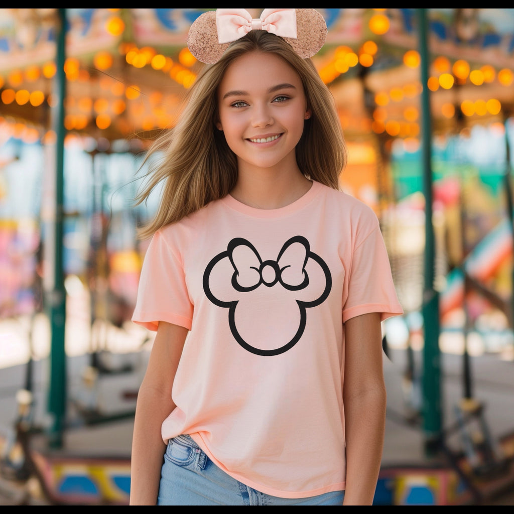 Girls, Teen, Tween, Women's, Mouse Bow Outline, Unisex Fit Jersey Short Sleeve Tee In The Color Heather Peach