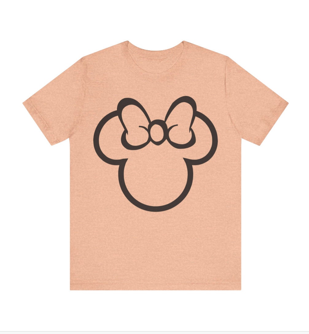 Girls, Teen, Tween, Women's, Mouse Bow Outline, Unisex Fit Jersey Short Sleeve Tee In The Color Heather Peach