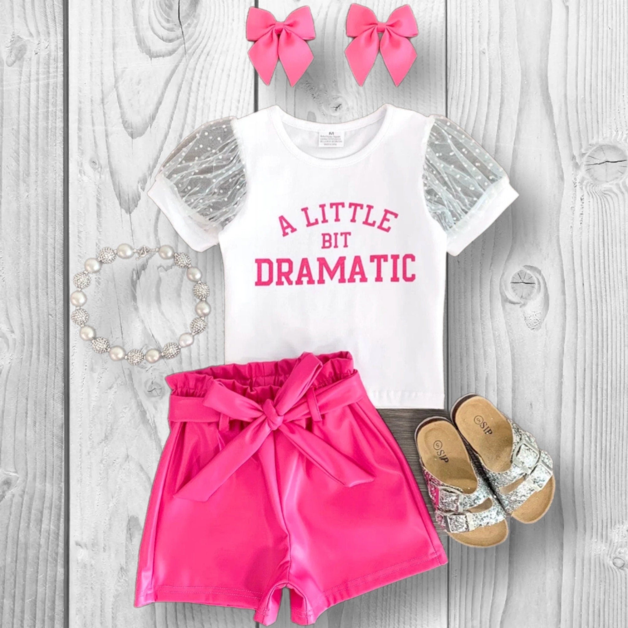 Girls/Toddler/Baby "A Little Bit Dramatic" Pink Pleather Short Set