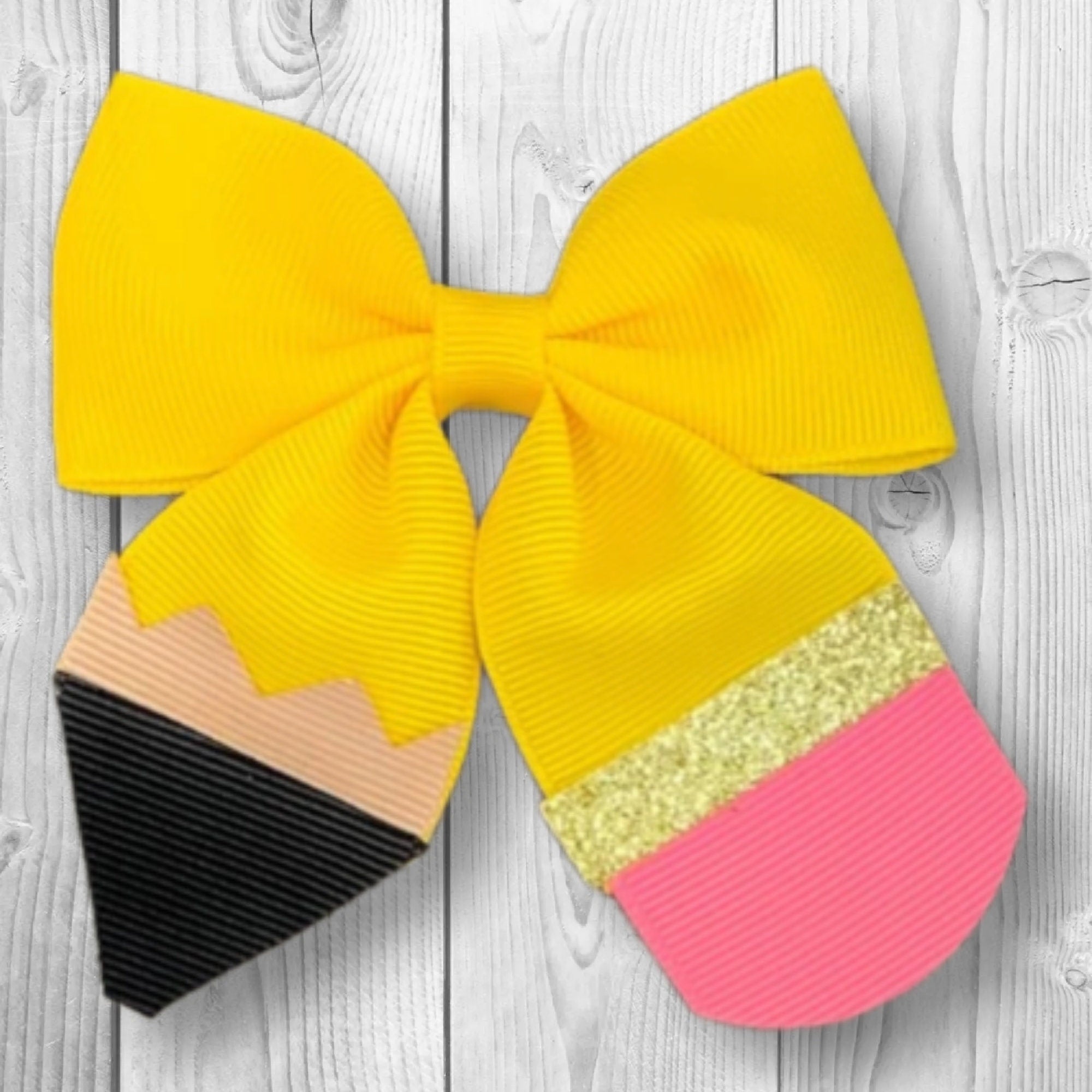 RESTOCKED! Girls Back To School 3 Inch Pencil Bow, Hair Bow, Yellow, Pink, Black and Gold, Boutique, Toddler/Infant