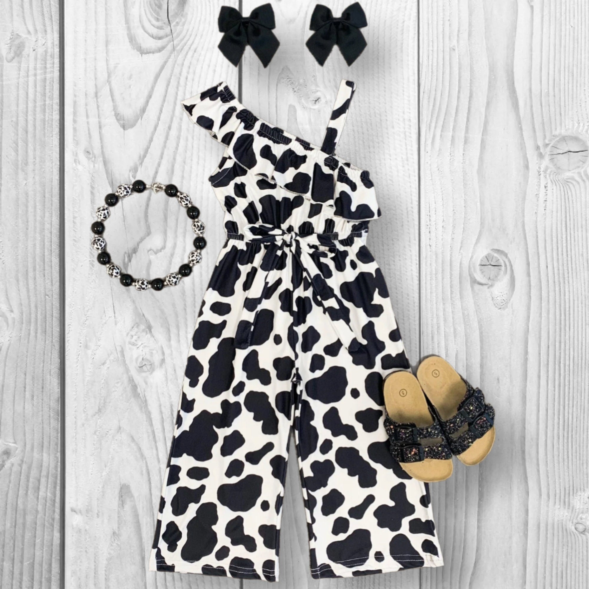 RESTOCKED! Girls/Toddler/Baby Cow Print One Shoulder Jumpsuit, 6 12 18 Months 2T 3T 4T 5 6 7 8 10 12 14 16 Years, Ranchy, Western, Cowgirl