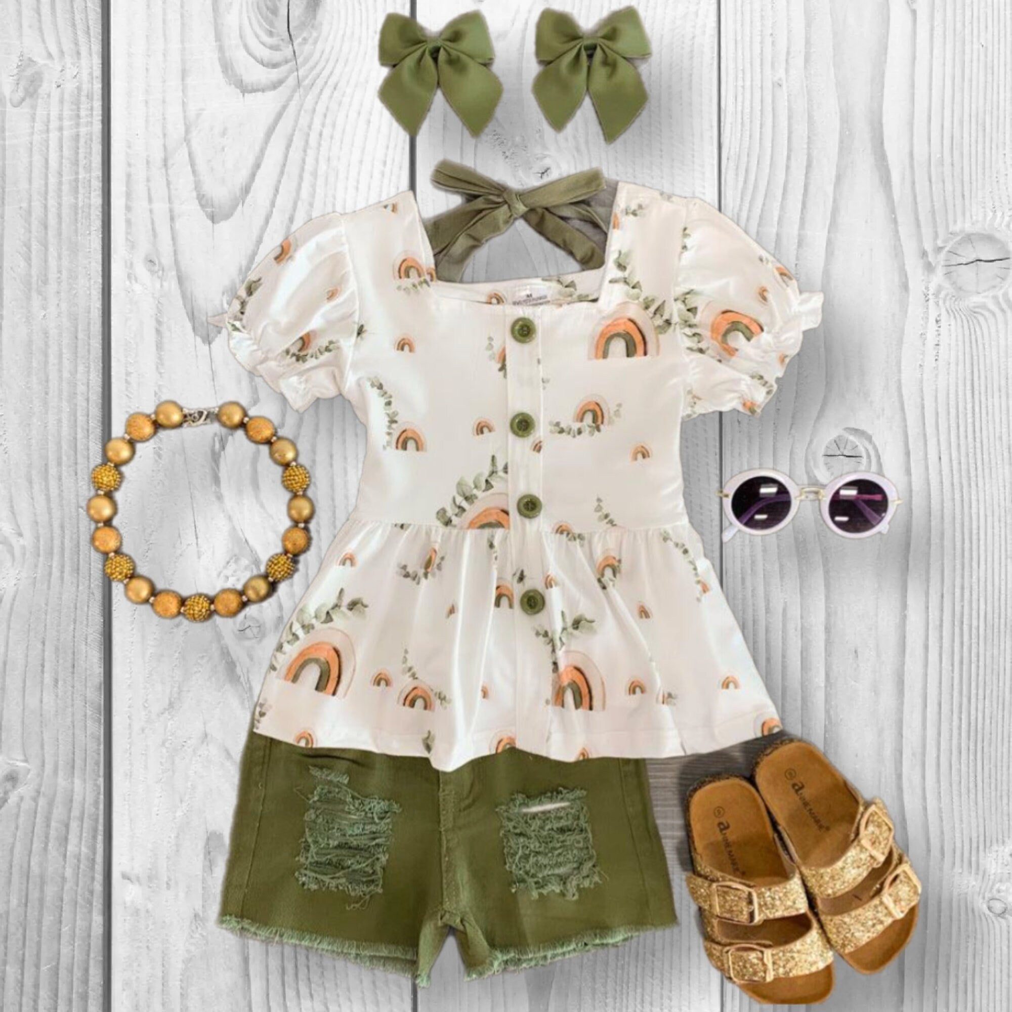 Girls/Toddler/Baby Olive Rainbow Distressed Denim Short Set