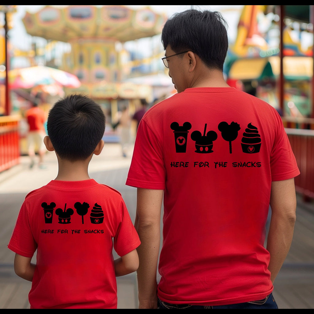 Matching Disney Shirts "Here For The Snacks" On Back, Mickey Mouse Carmel Apple On Front, Adult & Youth Sizes