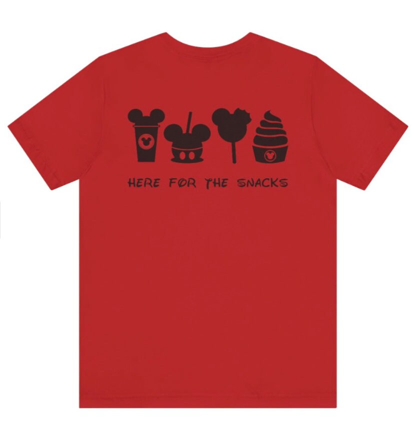 Matching Disney Shirts "Here For The Snacks" On Back, Mickey Mouse Carmel Apple On Front, Adult & Youth Sizes