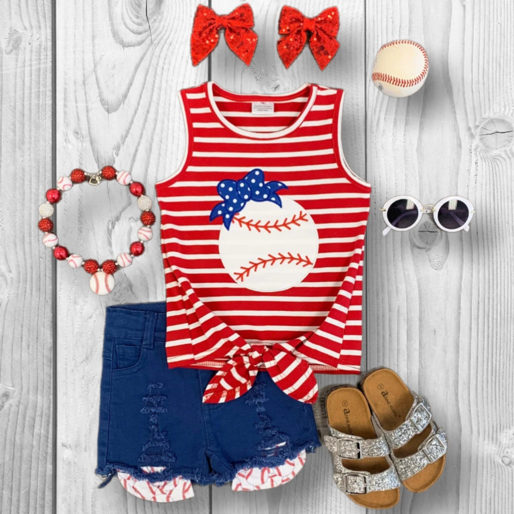 RESTOCKED! Girls/Toddler Red & Blue Baseball Distressed Denim Short Set, 12 18 Months 2T 3T 4T 5 6 7 8 10 12 14 Years, 4th Of July Patriotic