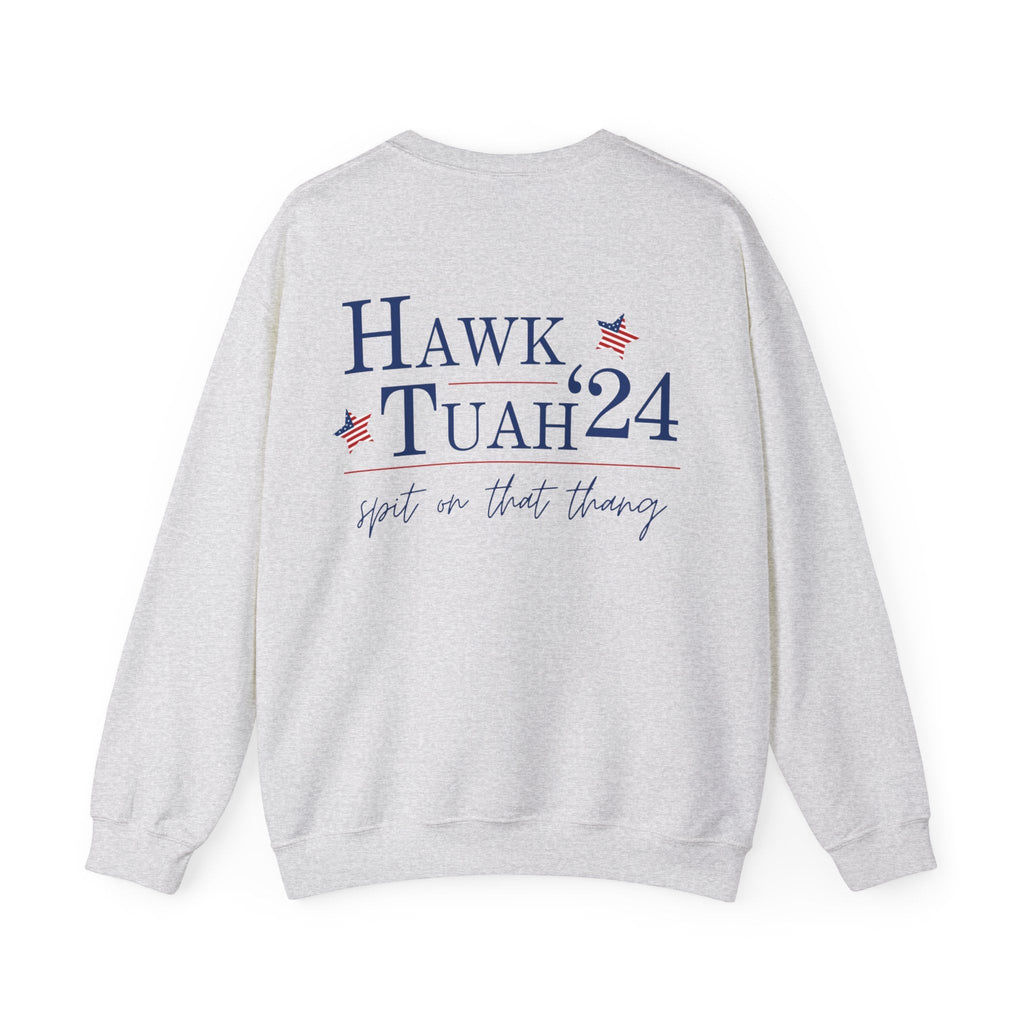 Men's Women's Unisex Fit "Hawk Tuah '24 Spit On That Thang" On Back & Front Corner, Heavy Blend™ Crewneck Sweatshirt In The Color Ash