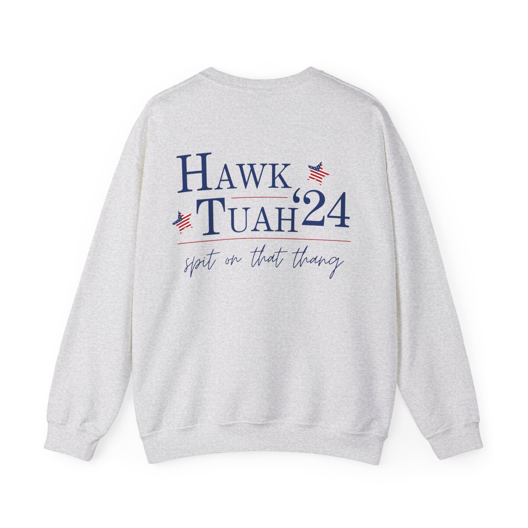 Men's Women's Unisex Fit "Hawk Tuah '24 Spit On That Thang" On Back & Front Corner, Heavy Blend™ Crewneck Sweatshirt In The Color Ash