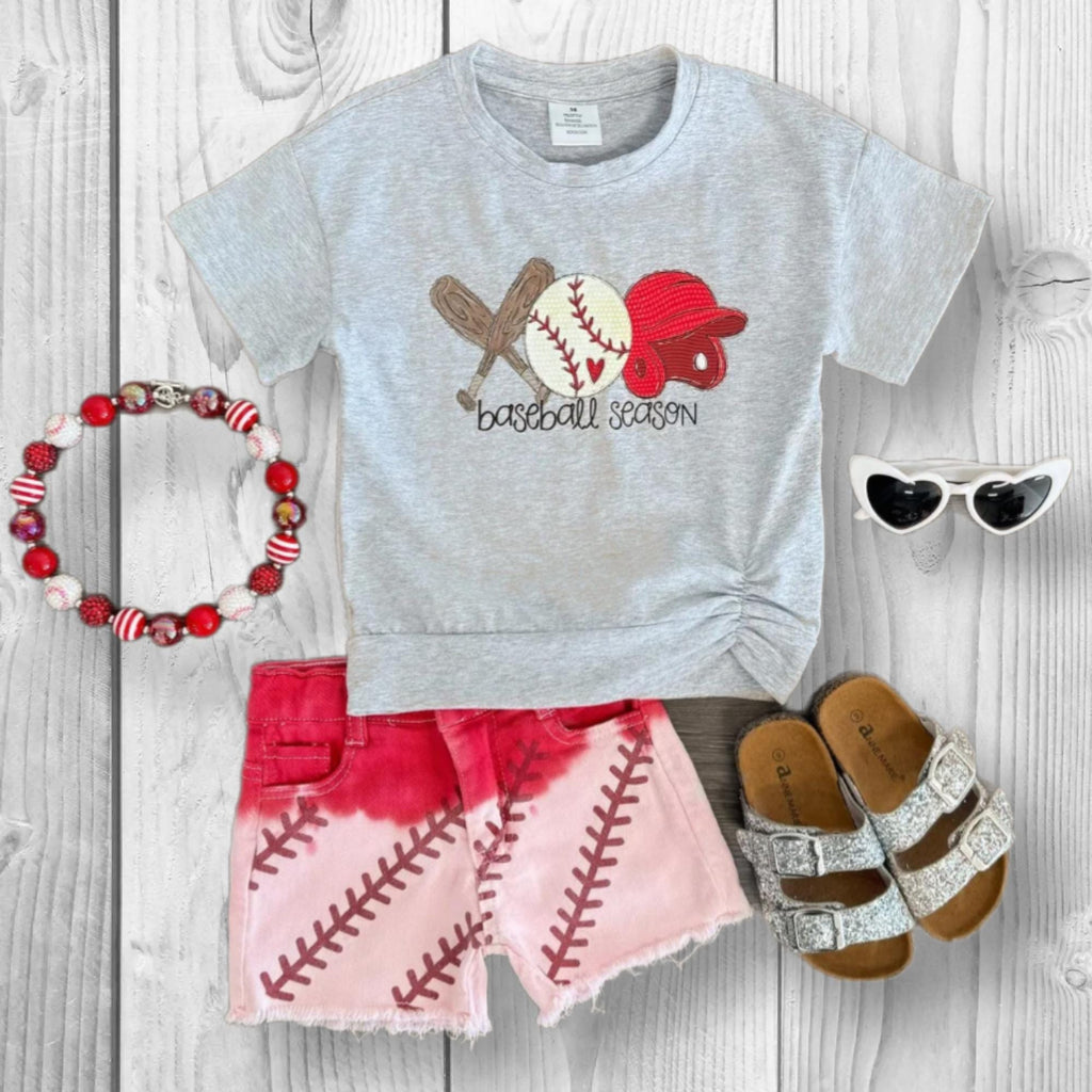 RESTOCKED! Girls/Toddler/Baby "Baseball Season" Gray & Red Ombre Denim Short Set, 6 12 18 Months 2T 3T 4T 5 6 7 8 10 12 14 16 Years, Tie Dye