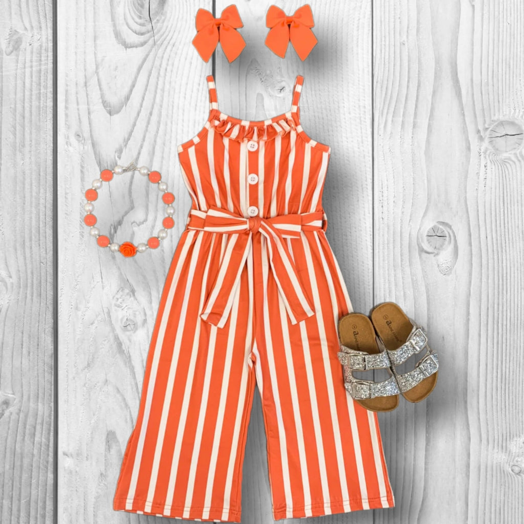 RESTOCKED! Girls/Toddler/Baby Striped Tie Waist Jumpsuit - Black, White Or Orange! Size 6 12 18 Months 2T 3T 4T 5 6 7 8 10 12 14 16 Years