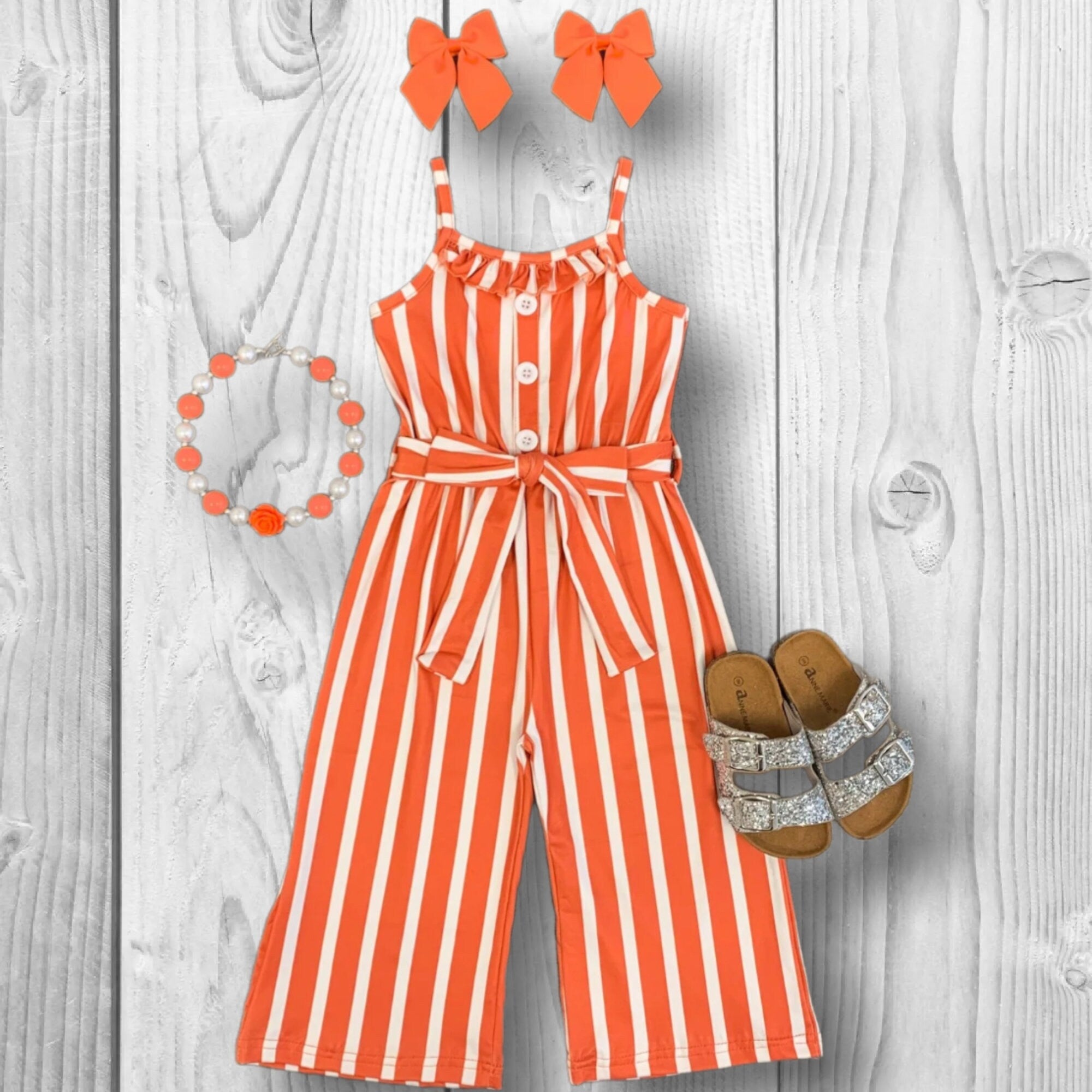 RESTOCKED! Girls/Toddler/Baby Striped Tie Waist Jumpsuit - Black, White Or Orange! Size 6 12 18 Months 2T 3T 4T 5 6 7 8 10 12 14 16 Years