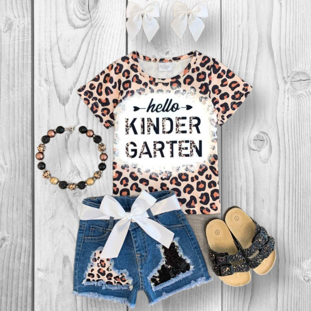 RESTOCKED! Girls/Toddler "Hello Preschool - 6th Grade" Cheetah Denim Short Set, First Day Of School, Back To School, Pre-K, Kindergarten