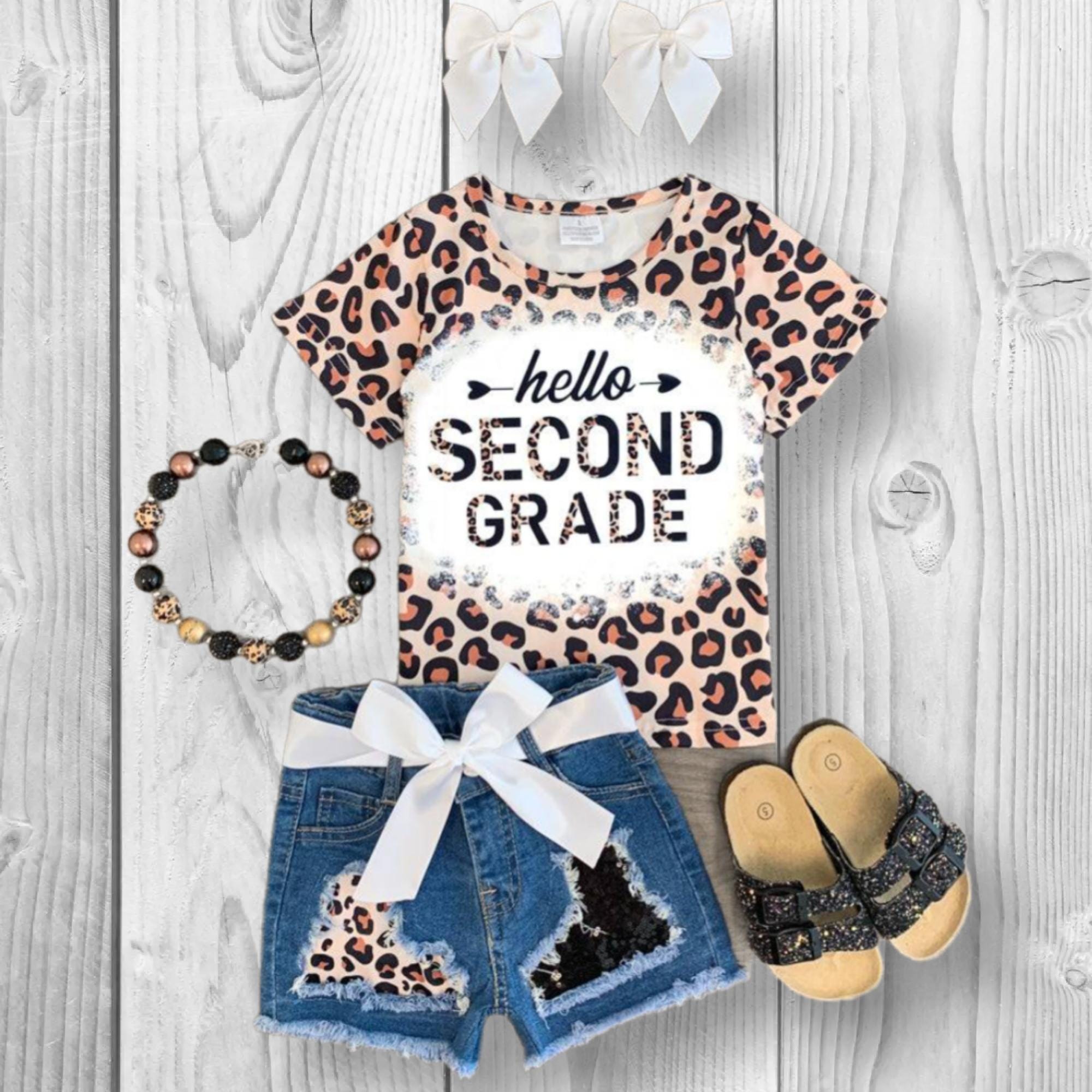 RESTOCKED! Girls/Toddler "Hello Preschool - 6th Grade" Cheetah Denim Short Set, First Day Of School, Back To School, Pre-K, Kindergarten