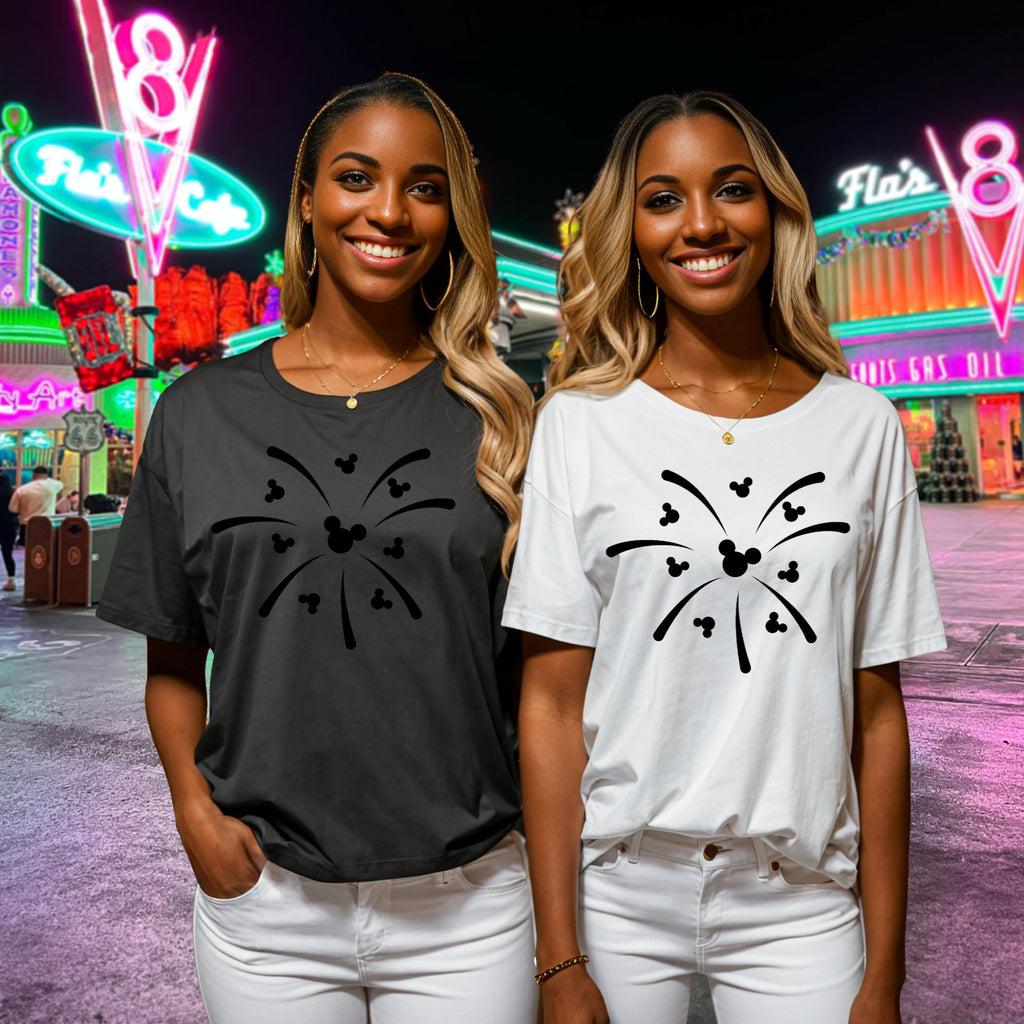 Women's Men's Mickey Mouse Firework Unisex Fit Heavy Cotton Tee In The Color Charcoal Or White