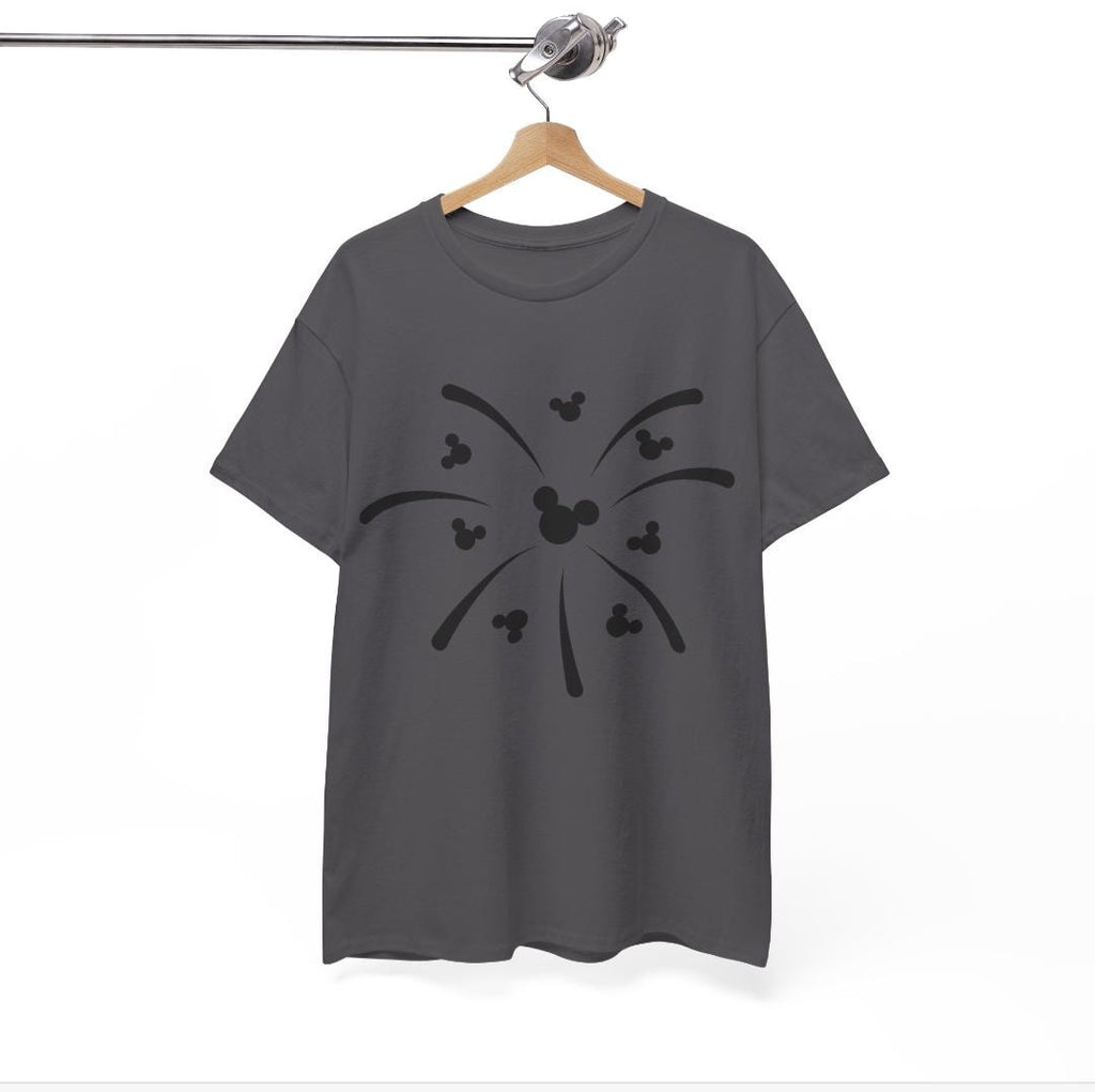 Women's Men's Mickey Mouse Firework Unisex Fit Heavy Cotton Tee In The Color Charcoal Or White