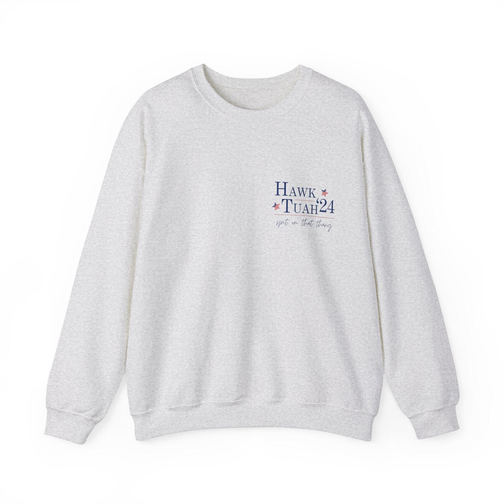 Men's Women's Unisex Fit "Hawk Tuah '24 Spit On That Thang" On Back & Front Corner, Heavy Blend™ Crewneck Sweatshirt In The Color Ash