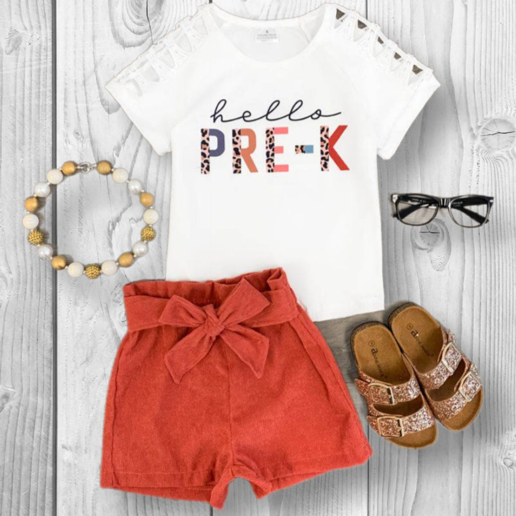 RESTOCKED! Girls/Toddler "Hello Pre-K - 6th Grade" Corduroy Short Set, 2T 3T 4T 5 6 7 8 10 12 14 16 18 Years, Back To School, 1st Day School