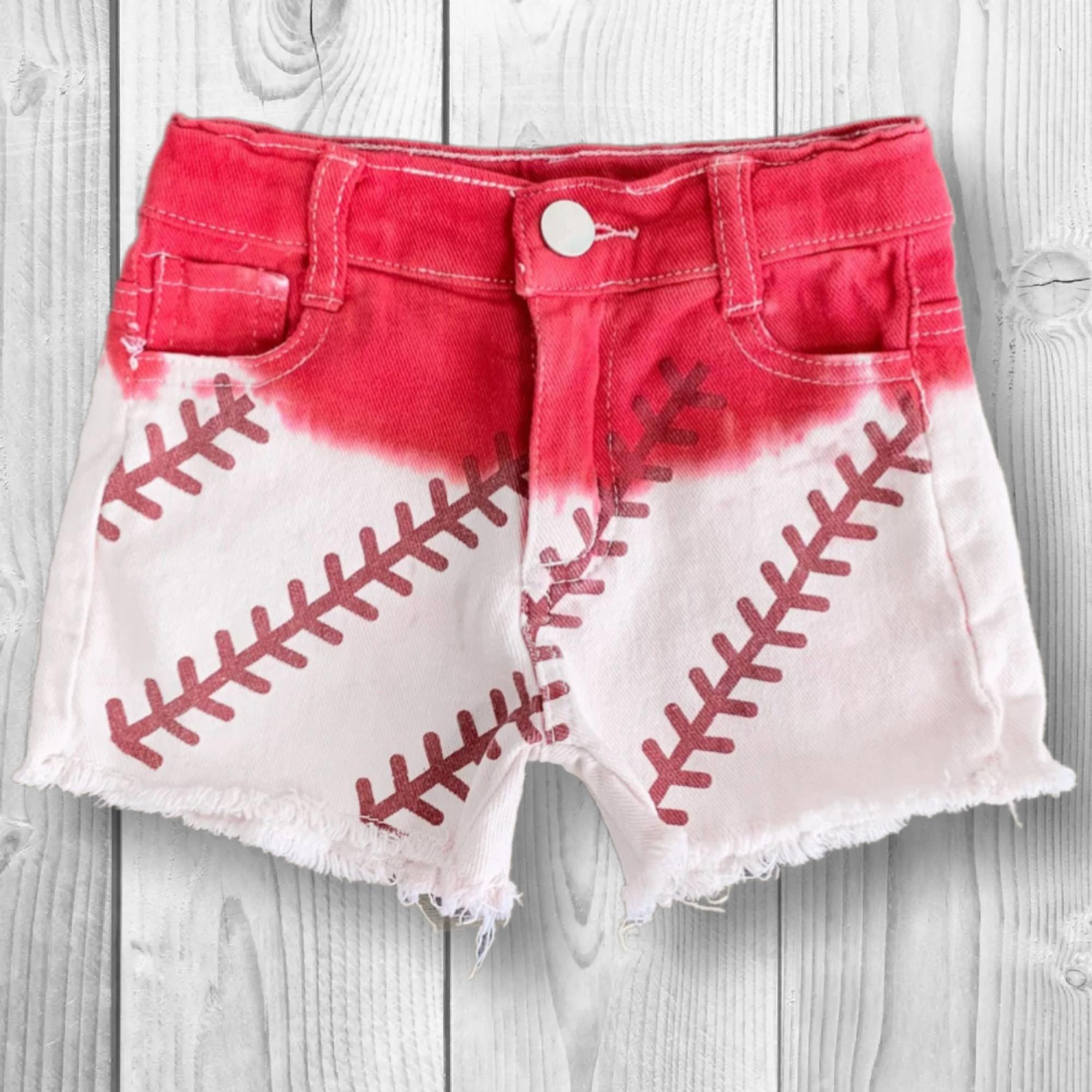 RESTOCKED! Girls/Toddler/Baby "Baseball Season" Gray & Red Ombre Denim Short Set, 6 12 18 Months 2T 3T 4T 5 6 7 8 10 12 14 16 Years, Tie Dye