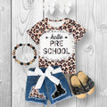 RESTOCKED! Girls/Toddler "Hello Preschool - 6th Grade" Cheetah Denim Short Set, First Day Of School, Back To School, Pre-K, Kindergarten