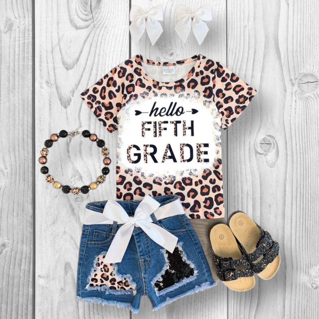 RESTOCKED! Girls/Toddler "Hello Preschool - 6th Grade" Cheetah Denim Short Set, First Day Of School, Back To School, Pre-K, Kindergarten
