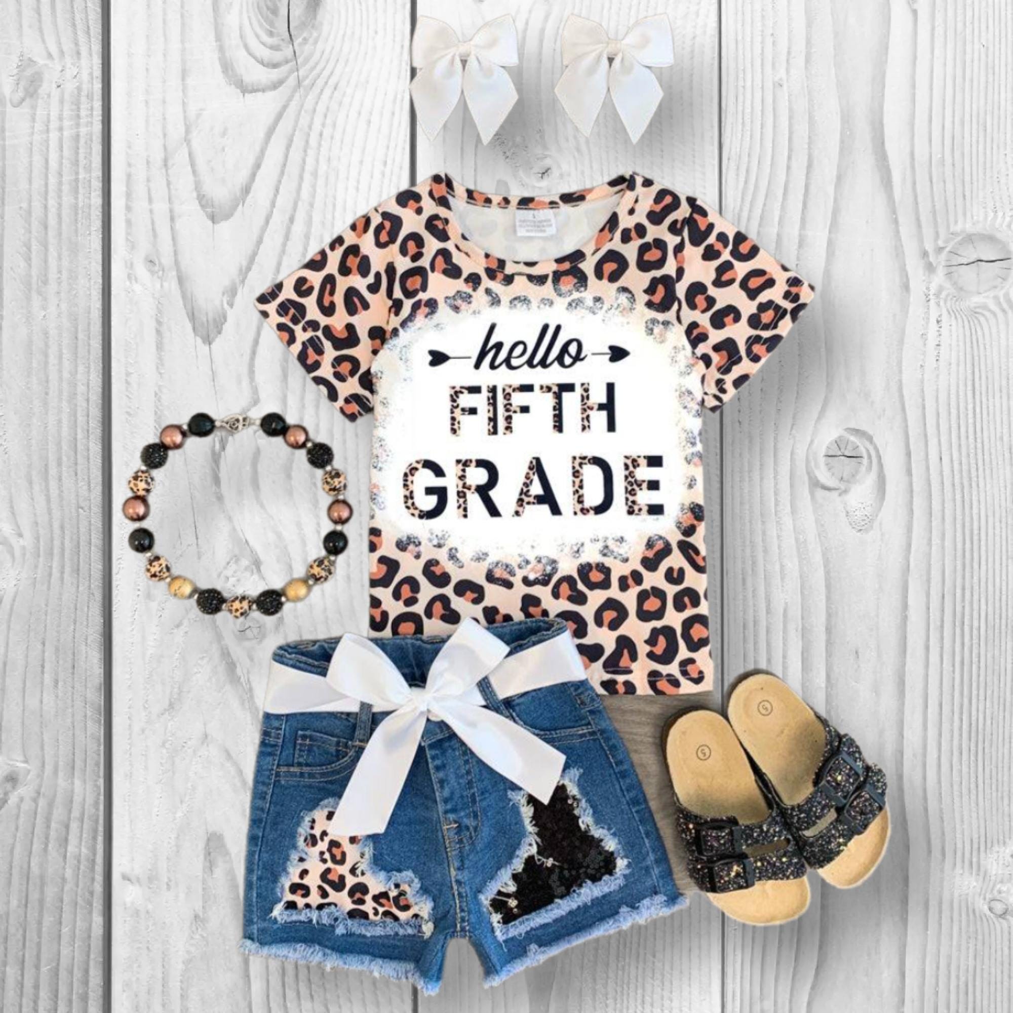 RESTOCKED! Girls/Toddler "Hello Preschool - 6th Grade" Cheetah Denim Short Set, First Day Of School, Back To School, Pre-K, Kindergarten