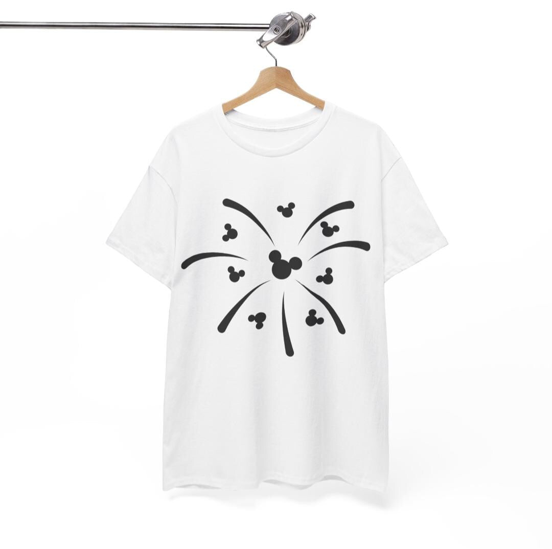 Women's Men's Mickey Mouse Firework Unisex Fit Heavy Cotton Tee In The Color Charcoal Or White