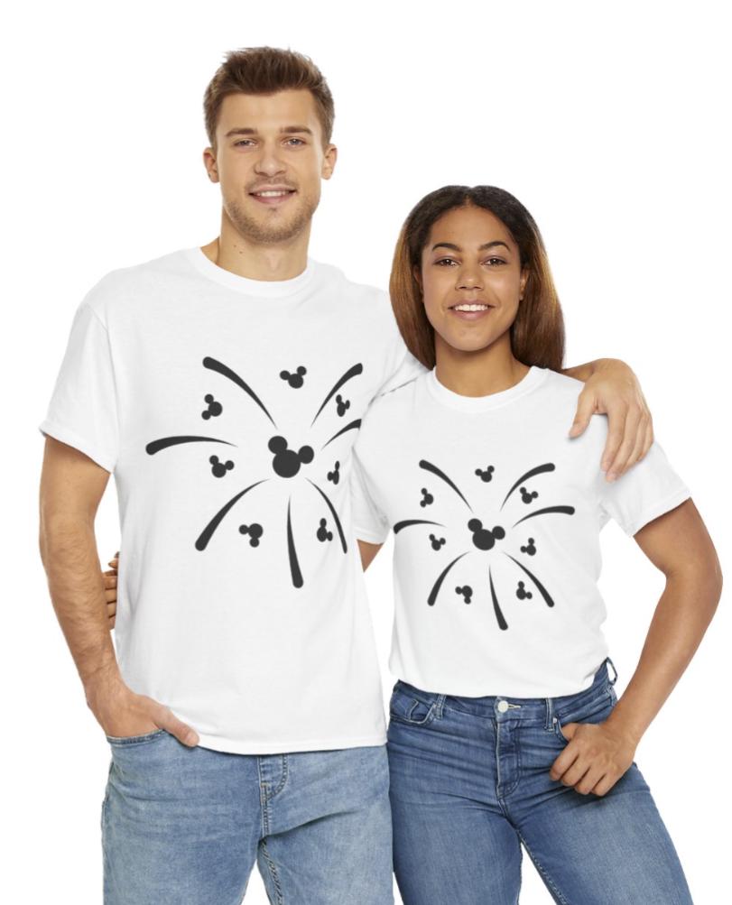 Women's Men's Mickey Mouse Firework Unisex Fit Heavy Cotton Tee In The Color Charcoal Or White