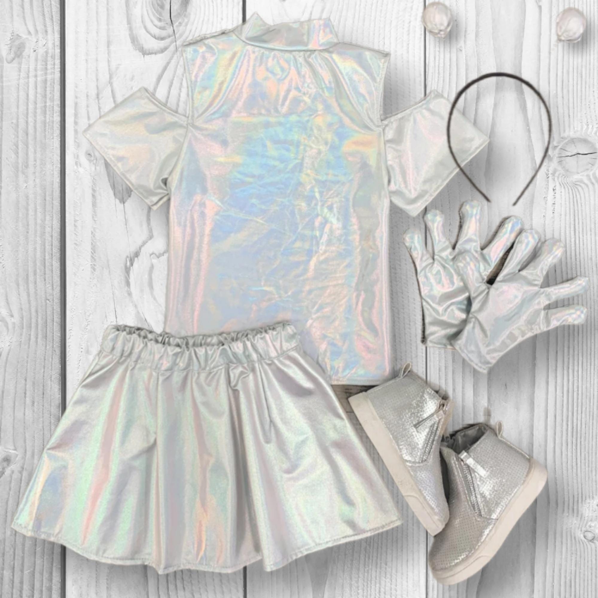 RESTOCKED! Girls Alien Costume, Toddler Alien Costume, Silver Holographic Halloween Costume, 4 Piece Extraterrestrial Dress Up Set, Toddler