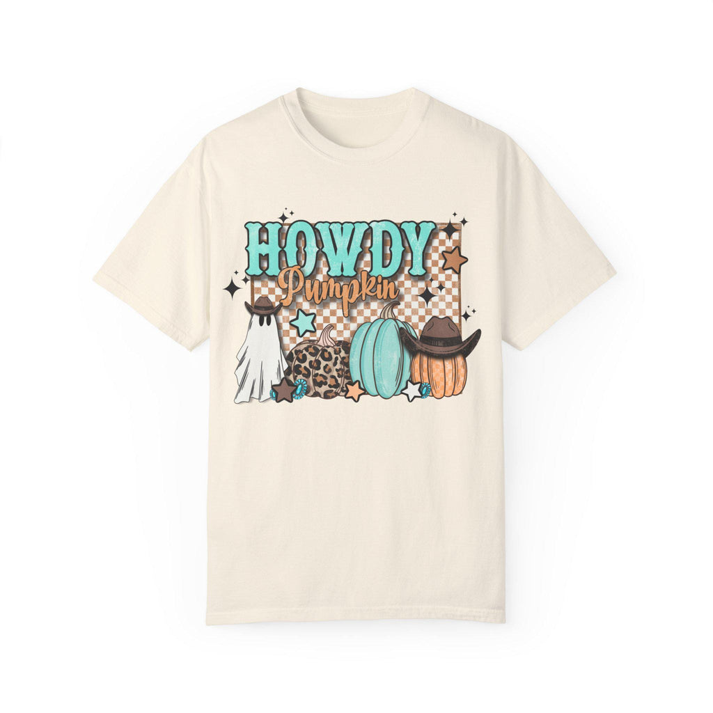 Women's Western Halloween "Howdy Pumpkin" Retro Fall Design Unisex Fit Garment-Dyed T-shirt In The Color Ivory