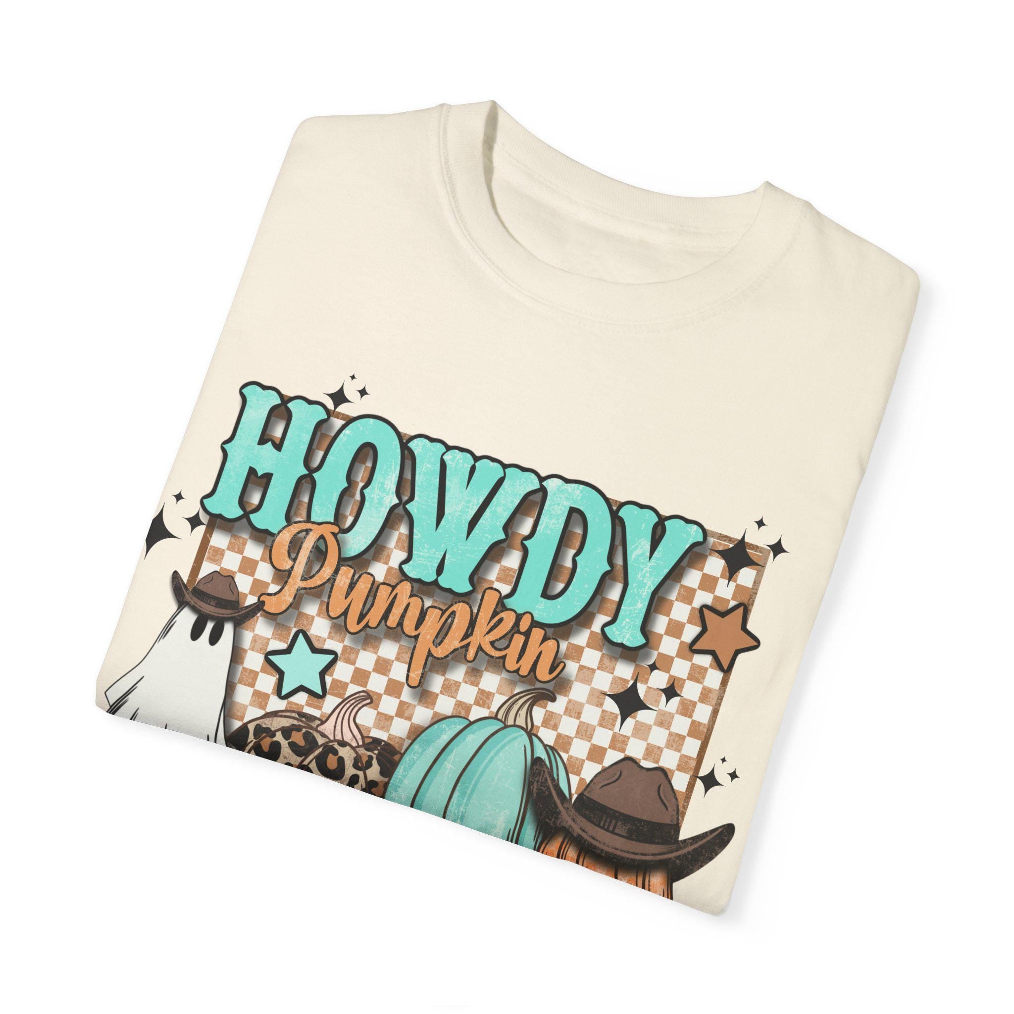 Women's Western Halloween "Howdy Pumpkin" Retro Fall Design Unisex Fit Garment-Dyed T-shirt In The Color Ivory