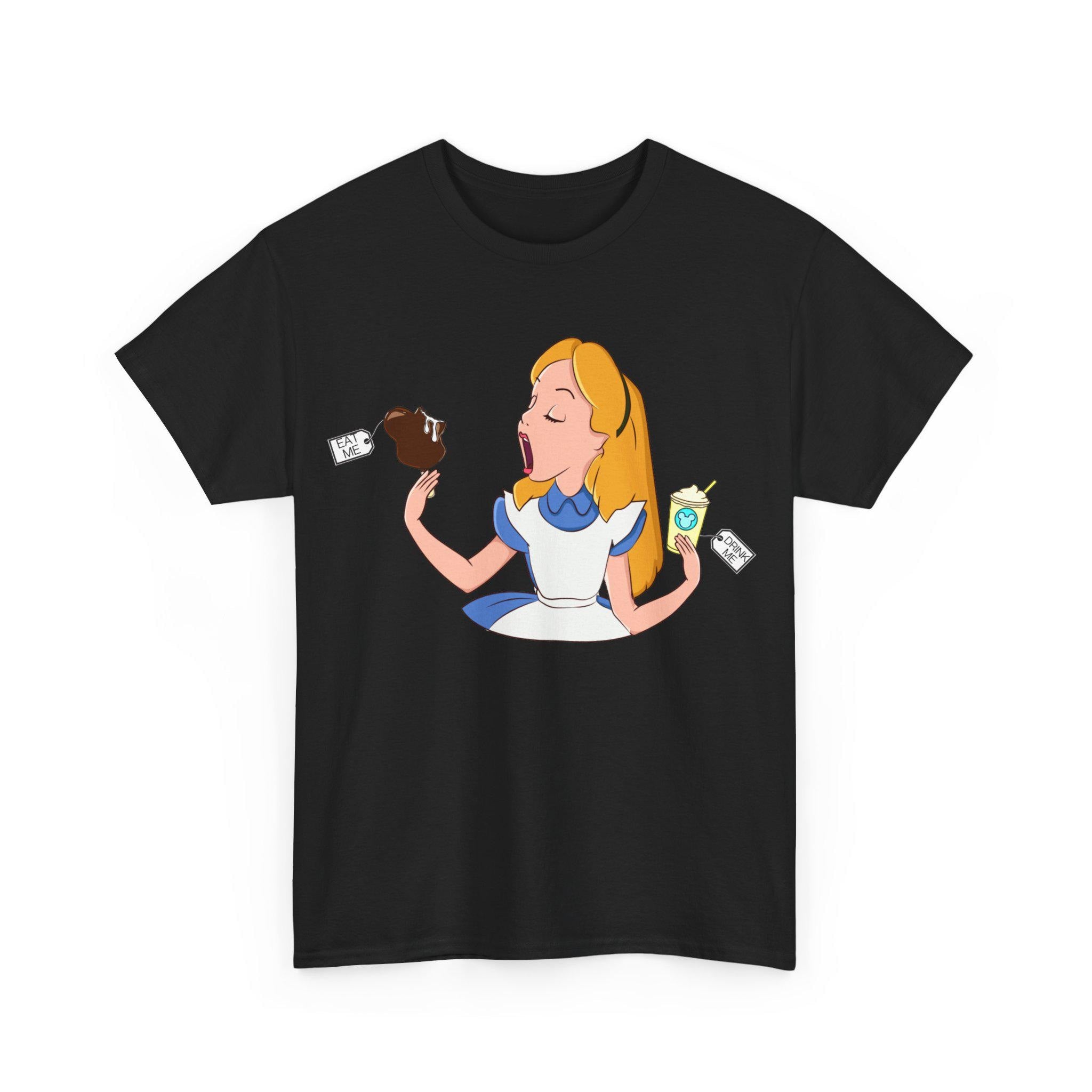 FREE EXPRESS SHIPPING! Disneyland Alice in Wonderland T-Shirt, Black Unisex Fit Tee, Theme Park Vacation Apparel, "Eat Me" "Drink Me"