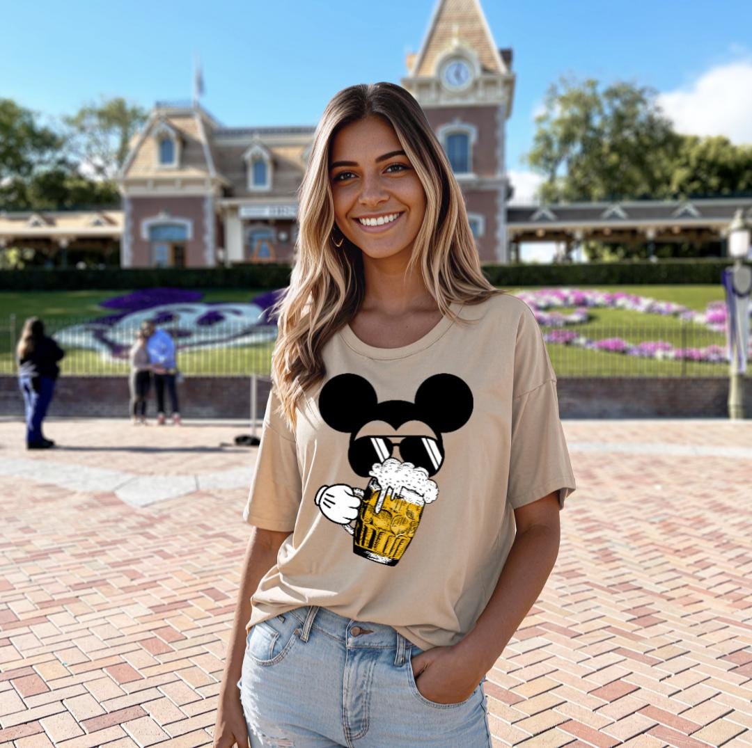 Disneyland Mickey Mouse Drinking Beer Unisex Tee, FREE EXPRESS SHIPPING! Funny Theme Park Shirt, Adult Cotton Tshirt, Novelty Graphic Print