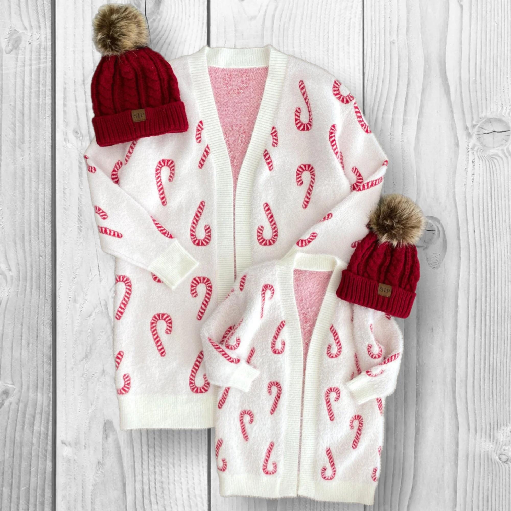 RESTOCKED! Candy Cane Cardigan, Mommy and Me Matching Sweaters, Cozy Holiday Tops, Plus Size Options, Girls Toddler Baby Outfits