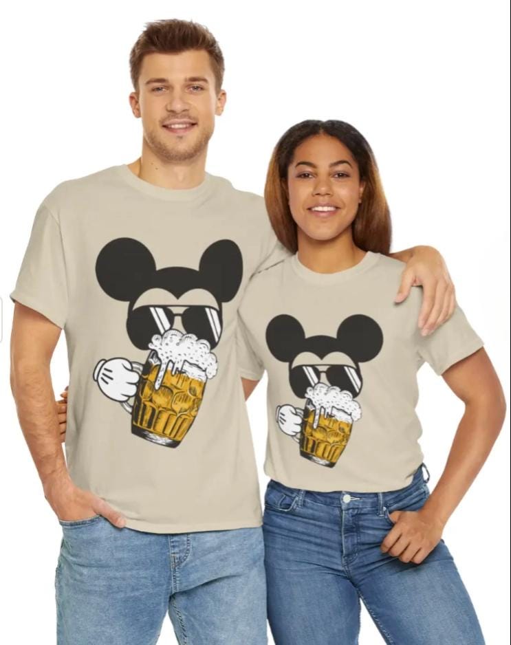 Disneyland Mickey Mouse Drinking Beer Unisex Tee, FREE EXPRESS SHIPPING! Funny Theme Park Shirt, Adult Cotton Tshirt, Novelty Graphic Print