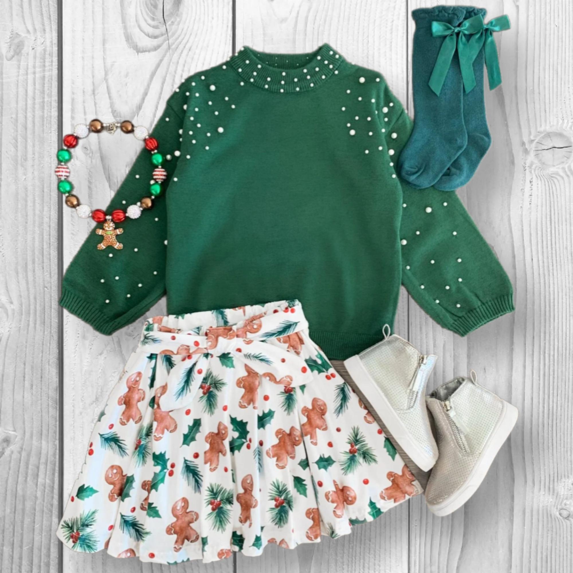 RESTOCKED! Girls Baby Toddler Holly Gingerbread Pearl Skirt Set Christmas Outfit Holiday Shirt, Festive Clothing, Kids Apparel,