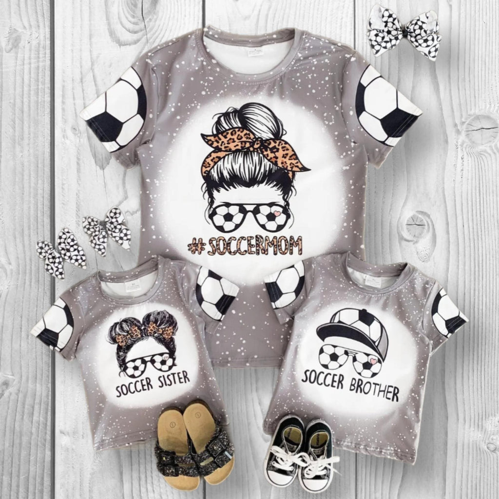 Mommy & Mini "Soccer Mom, Brother, Sister" Tops, Mom Me Boutique, Short Sleeve Shirts Coordinating Matching Gray White Cheetah Pink Mama