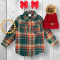 Christmas Green Flannel Button-Down Girls Baby Toddler Shirt, Sizes 6 Months Thru 16 Year's Kids Winter Holiday Outfit, Family Matching