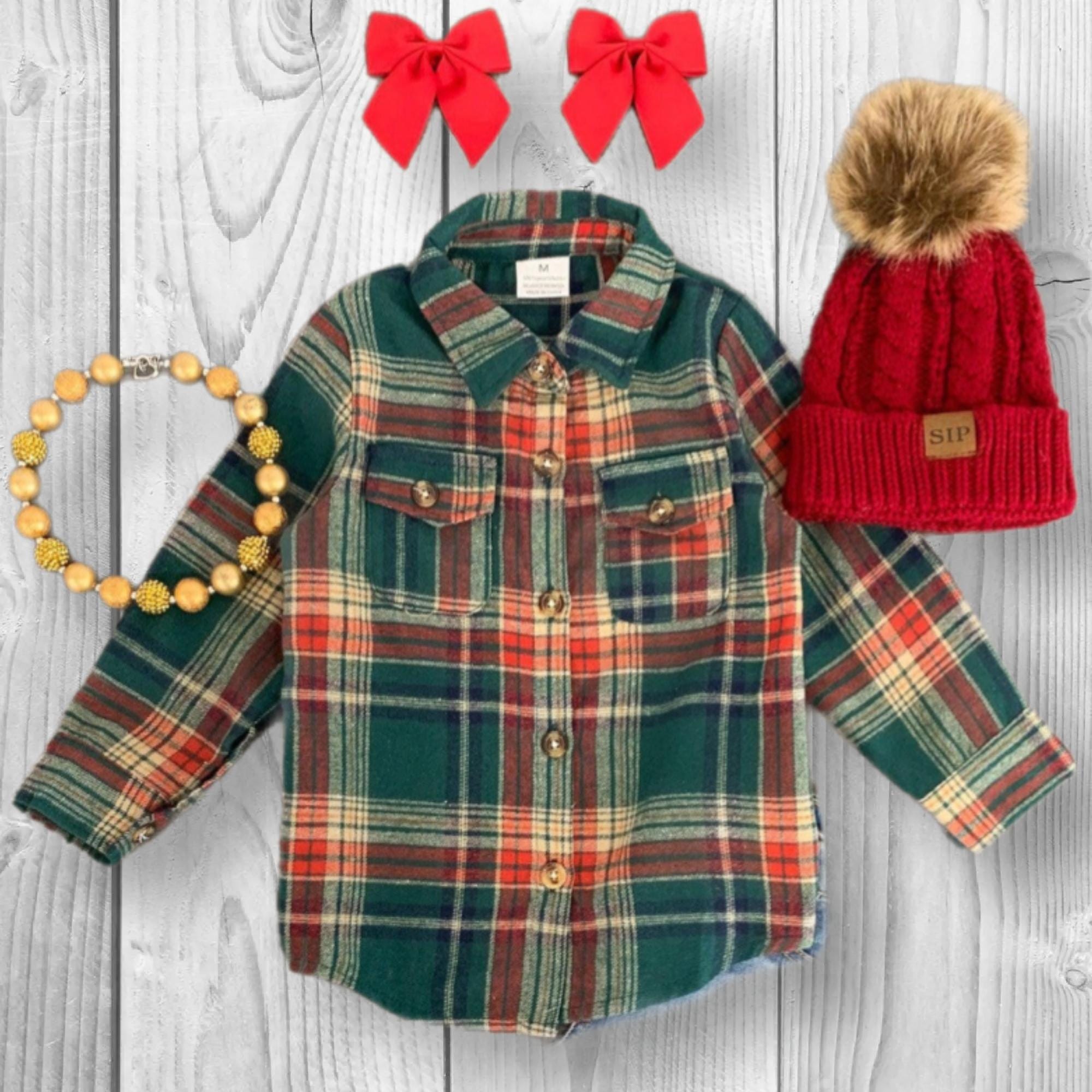 Christmas Green Flannel Button-Down Girls Baby Toddler Shirt, Sizes 6 Months Thru 16 Year's Kids Winter Holiday Outfit, Family Matching