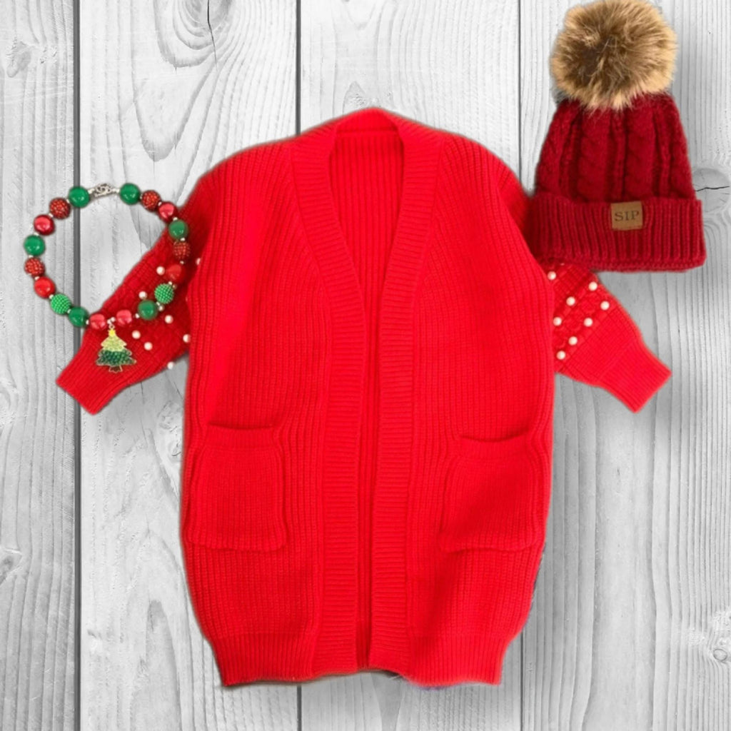 RESTOCKED! Girls/Toddler/Baby Pearl Cardigan Sweater In The Color Red, Lavender, Mint, Green, Black, Pink Or White