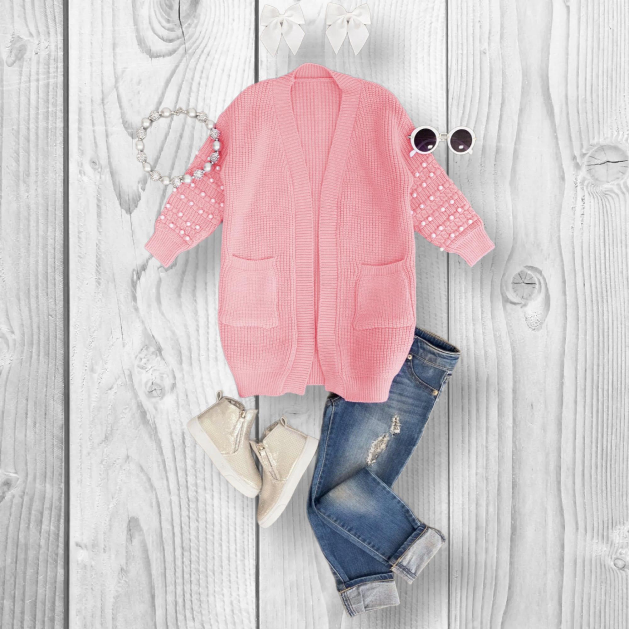 RESTOCKED! Girls/Toddler/Baby Pearl Cardigan Sweater In The Color Red, Lavender, Mint, Green, Black, Pink Or White