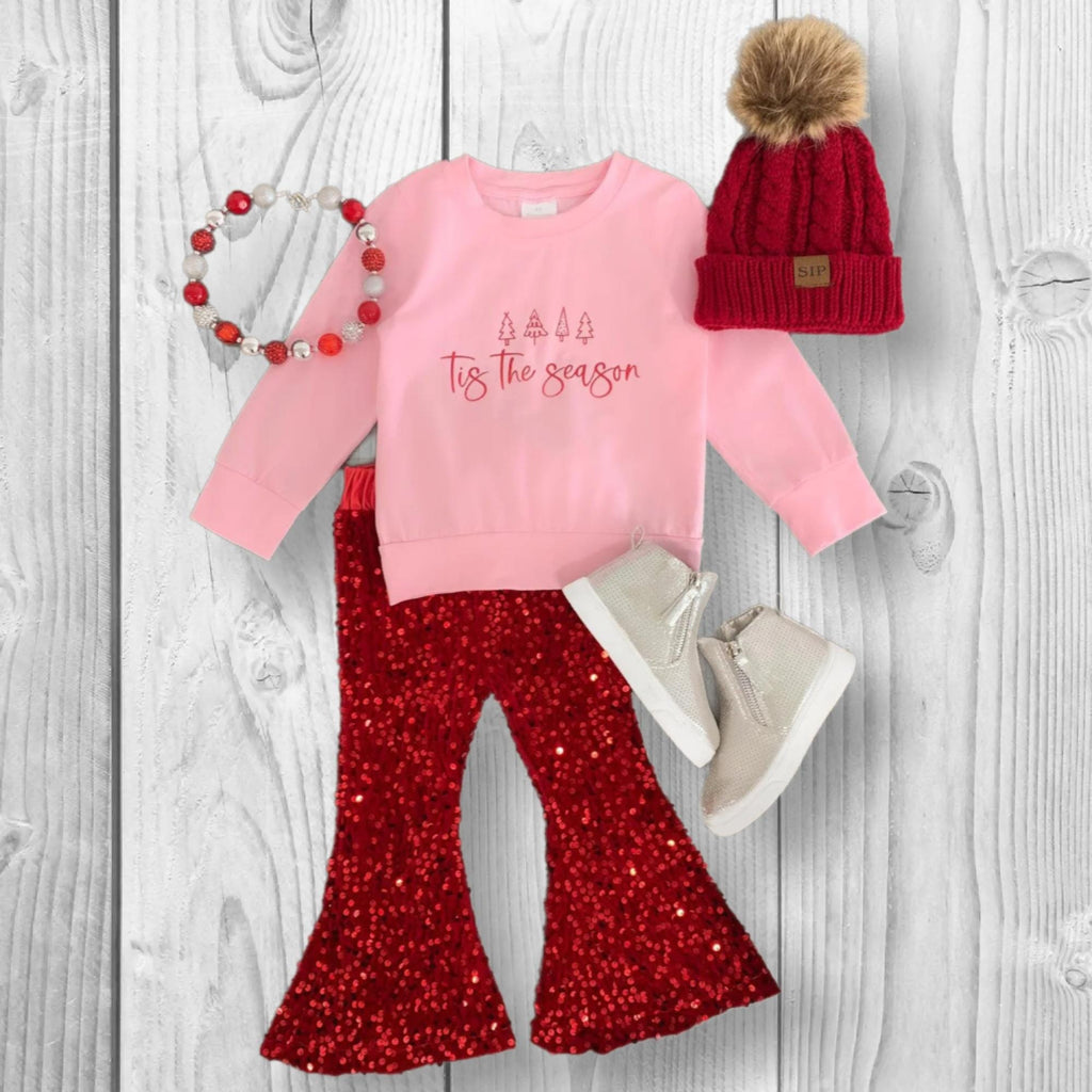 Christmas Velvet Sequin Bell Bottom Set, Baby Toddler Girls, Tis the Season, Holiday Outfit, Red Pink Top