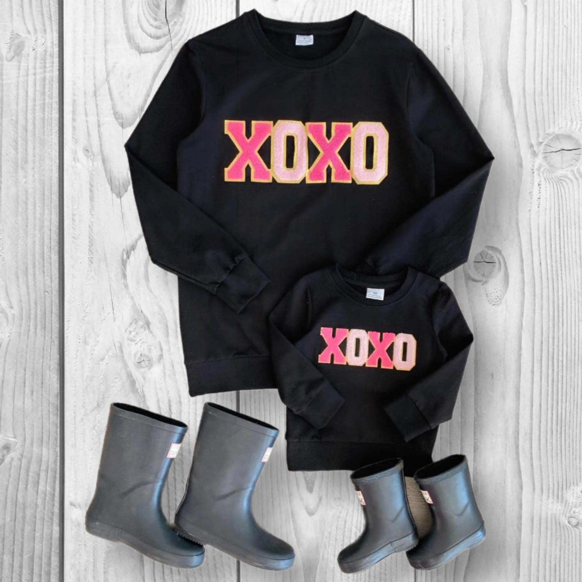 RESTOCKED! Mommy & Mini, Mom And Me - "XOXO" Black Chenille Patch Top, Valentine's Day