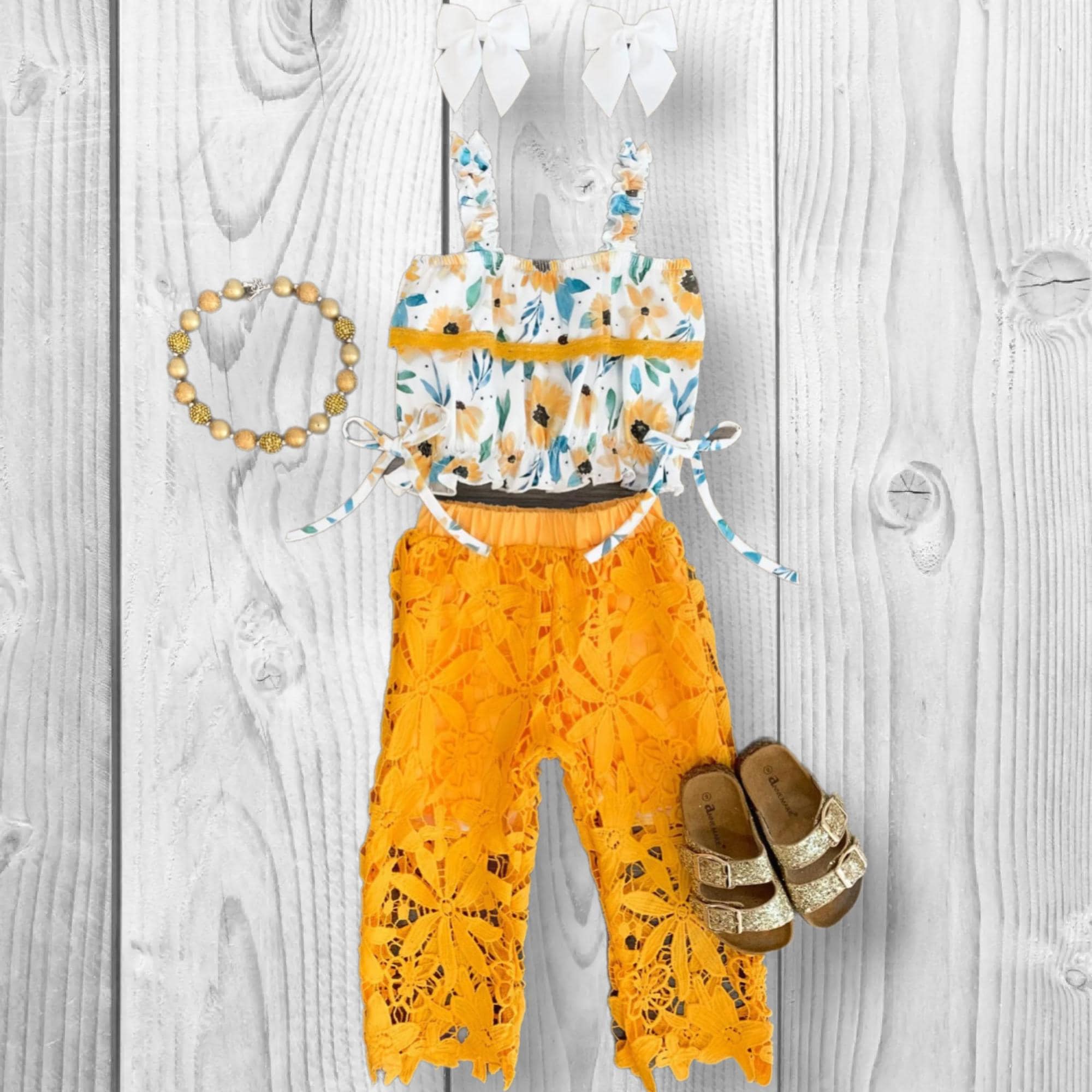 RESTOCKED! Girls/Toddler/Baby Sunflower Floral Lace Pant Set, 6 12 18 Months 2T 3T 4T 5 6 7 8 10 12 14, Outfit Boutique Crochet Lace Yellow