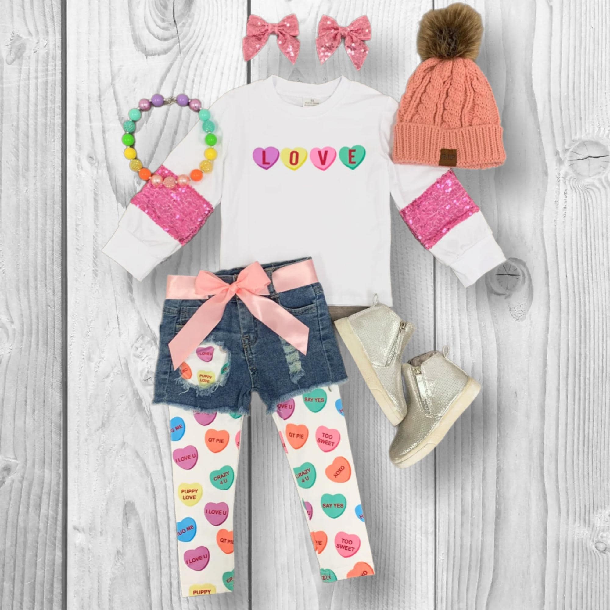 Girls/Toddler "Love" Candy Heart Legging & Denim Short Set, Valentine's Day Outfit, Conversation Hearts