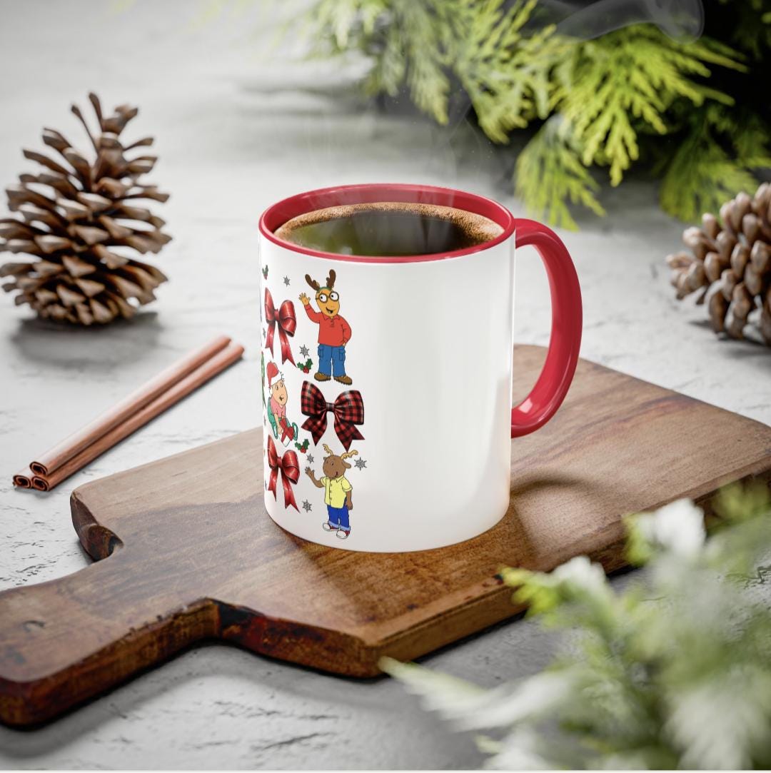 Cute Christmas Mug, Holiday Bow Design, Festive Coffee Cup, Xmas Gift Idea, Arthur  Inspired, Colorful Mug, 11oz, Tea